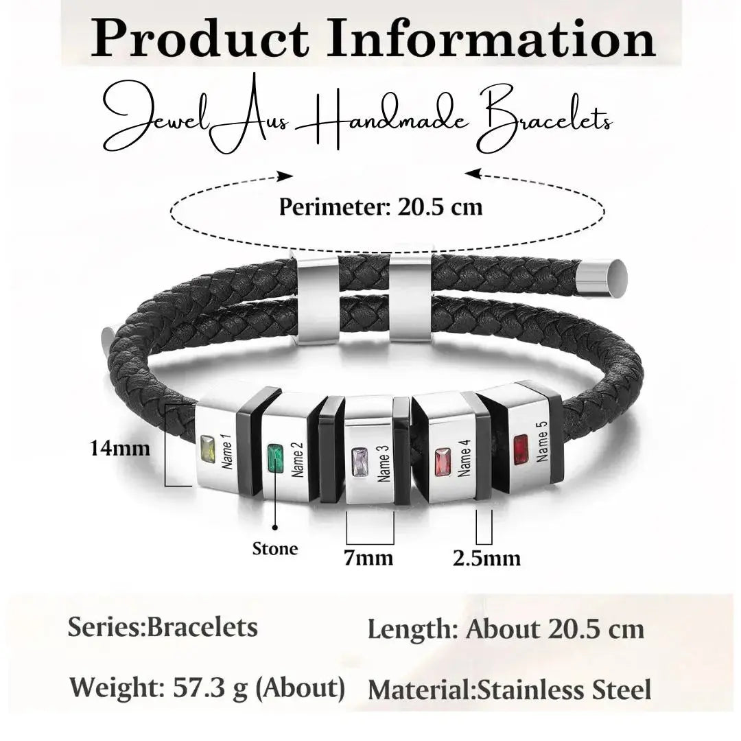 Black braided bracelet with metal accents on a white background, showing product details.