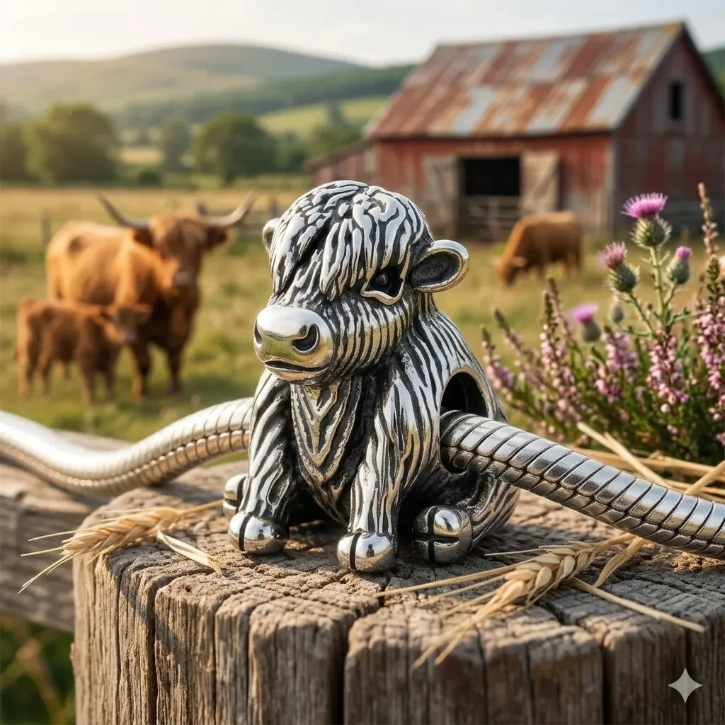 Silver bull charm on a rope with a rustic barn and cows in the background