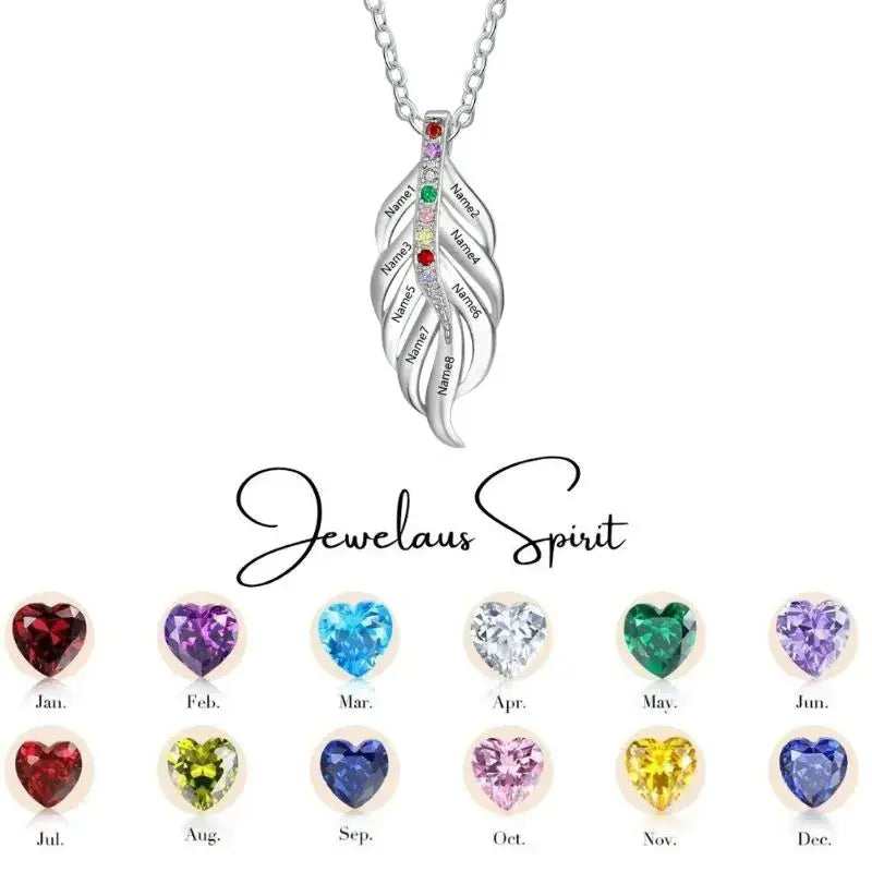 Winged necklace with gemstones and a list of names on a white background, featuring the brand 'Jewelaus Spirit'.