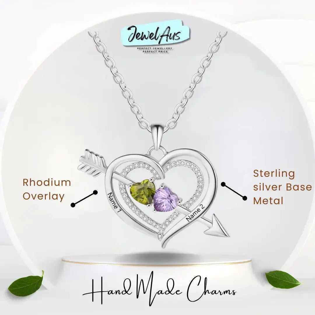 jewelaus Necklace Silver Arrow & Heart Birthstone Necklace
