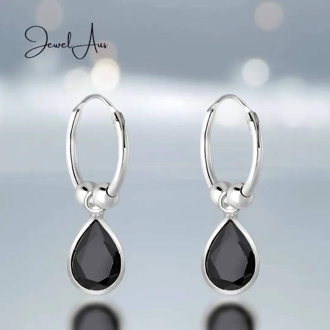 Silver Black Droplet Hoop Earrings jewelaus