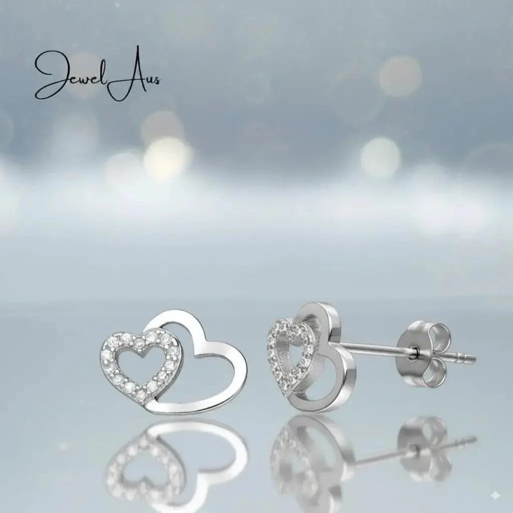 jewelaus Earrings Silver Double Heart Earrings