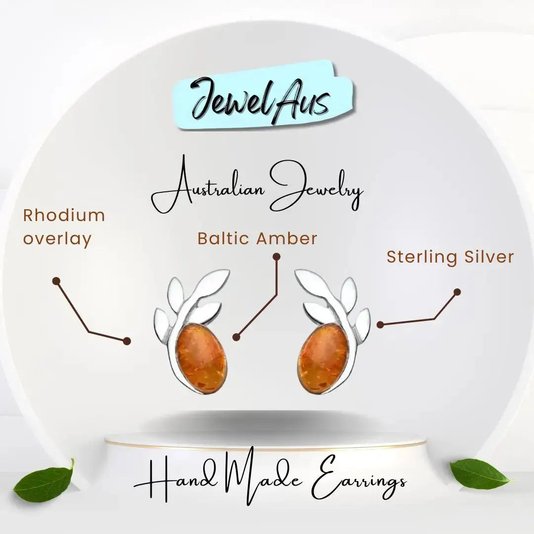 jewelaus Earrings Silver Leaf Baltic Amber Earrings