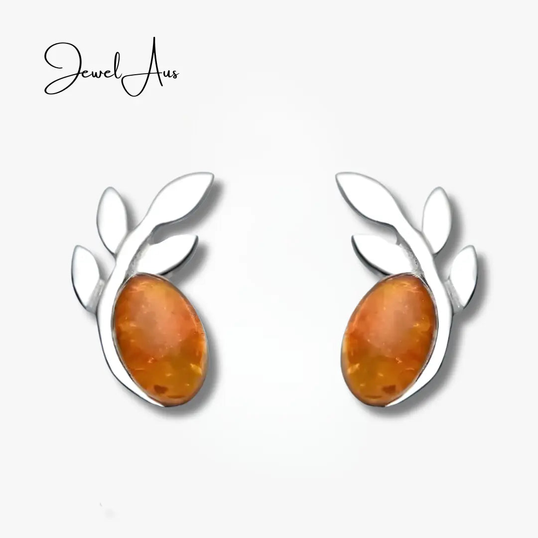 jewelaus Earrings Silver Leaf Baltic Amber Earrings