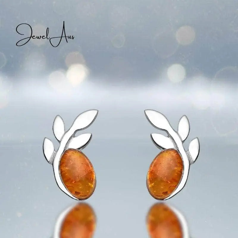 jewelaus Earrings Silver Leaf Baltic Amber Earrings