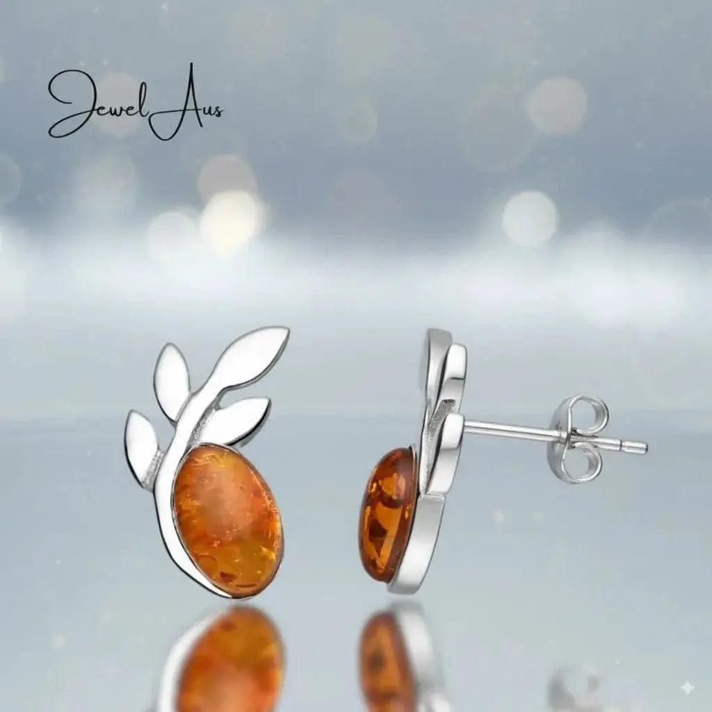 jewelaus Earrings Silver Leaf Baltic Amber Earrings