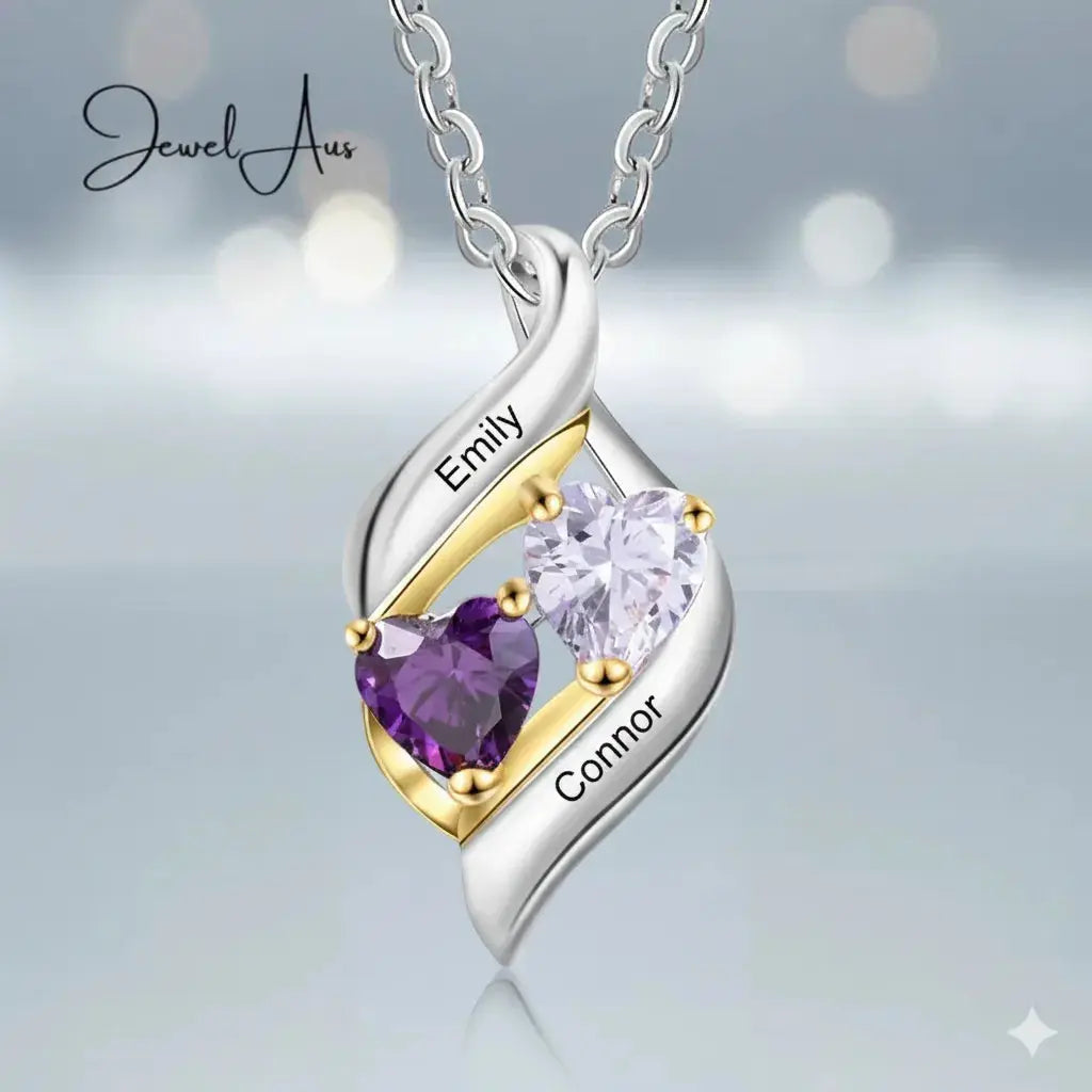 Silver Names Two Heart Shape Birthstones Necklace jewelaus