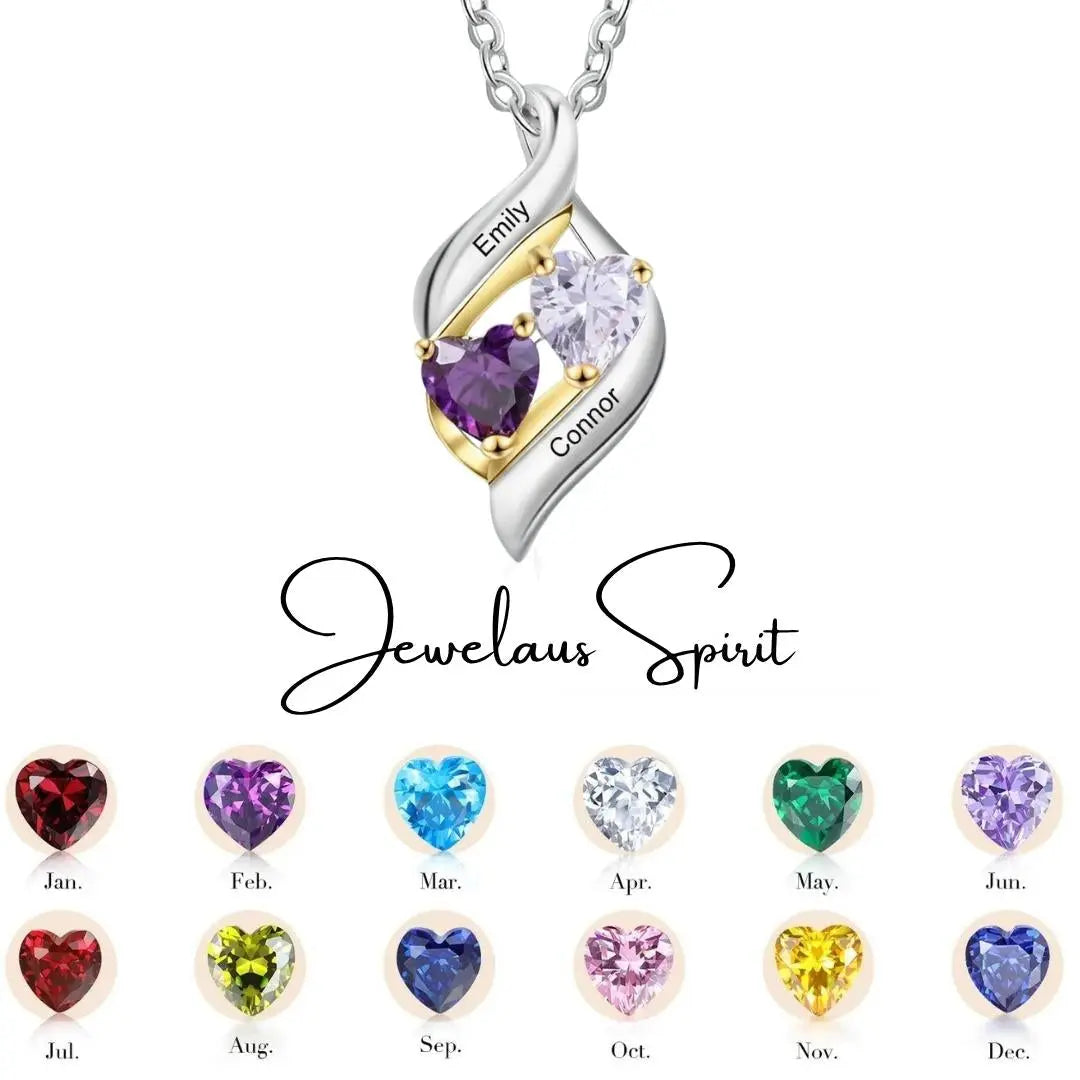 Silver Names Two Heart Shape Birthstones Necklace jewelaus