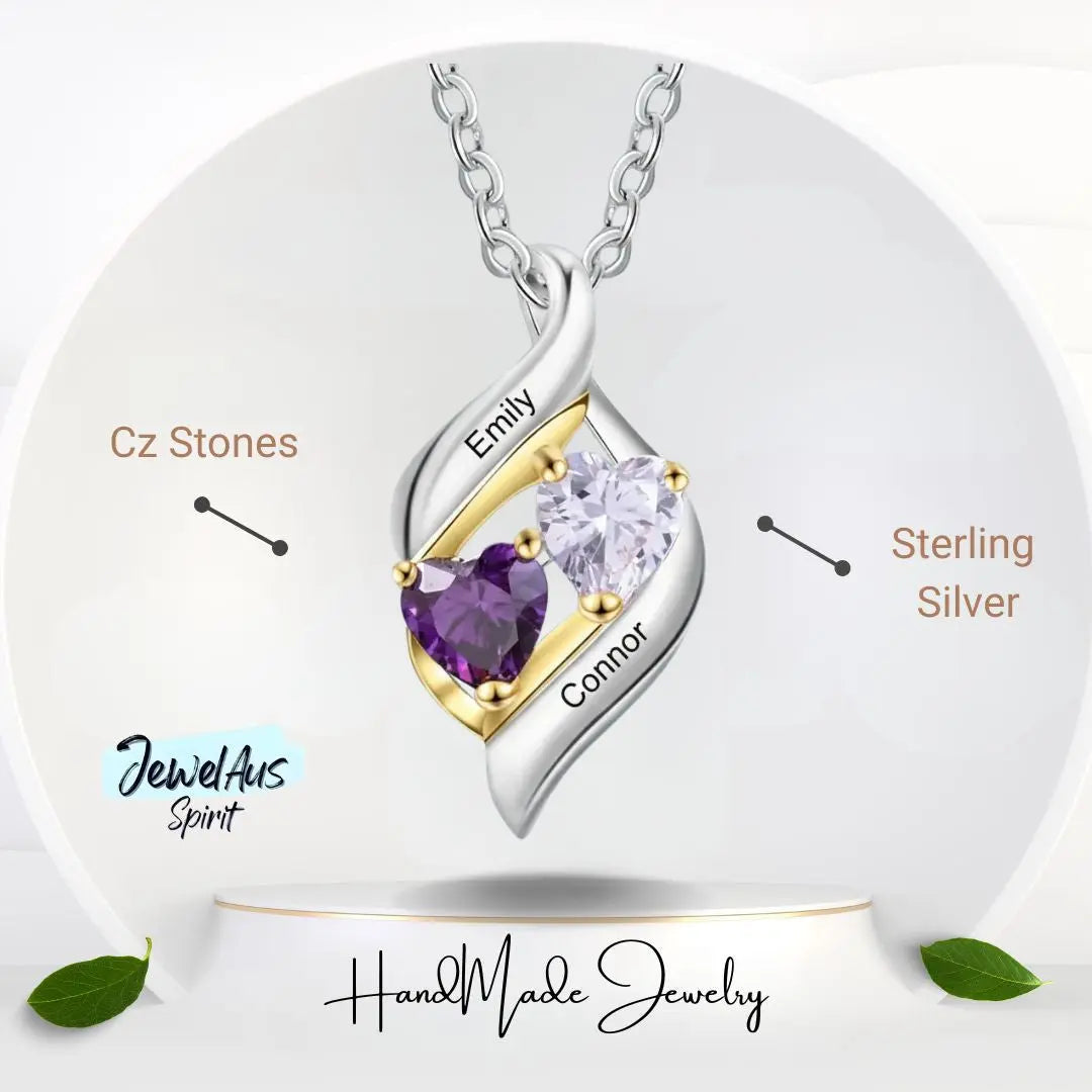 Silver Names Two Heart Shape Birthstones Necklace jewelaus