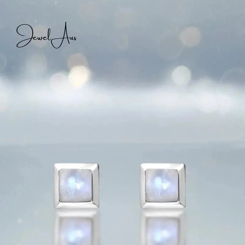 jewelaus Earrings Silver Square Moonstone Earrings