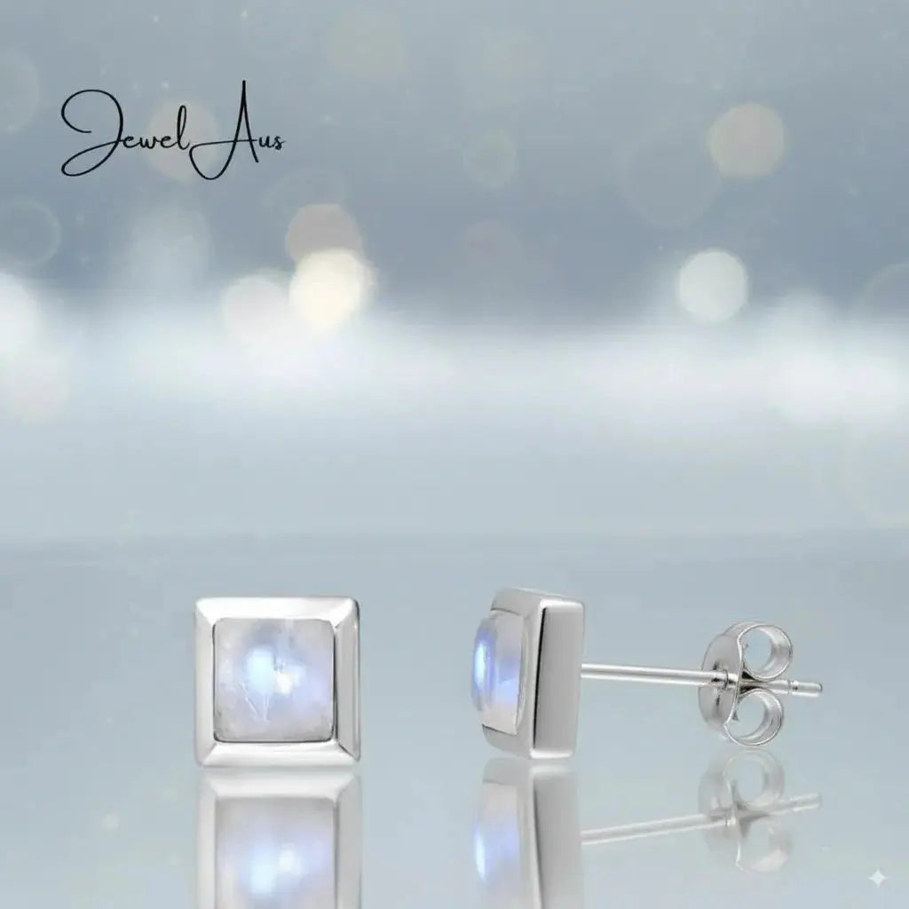 jewelaus Earrings Silver Square Moonstone Earrings