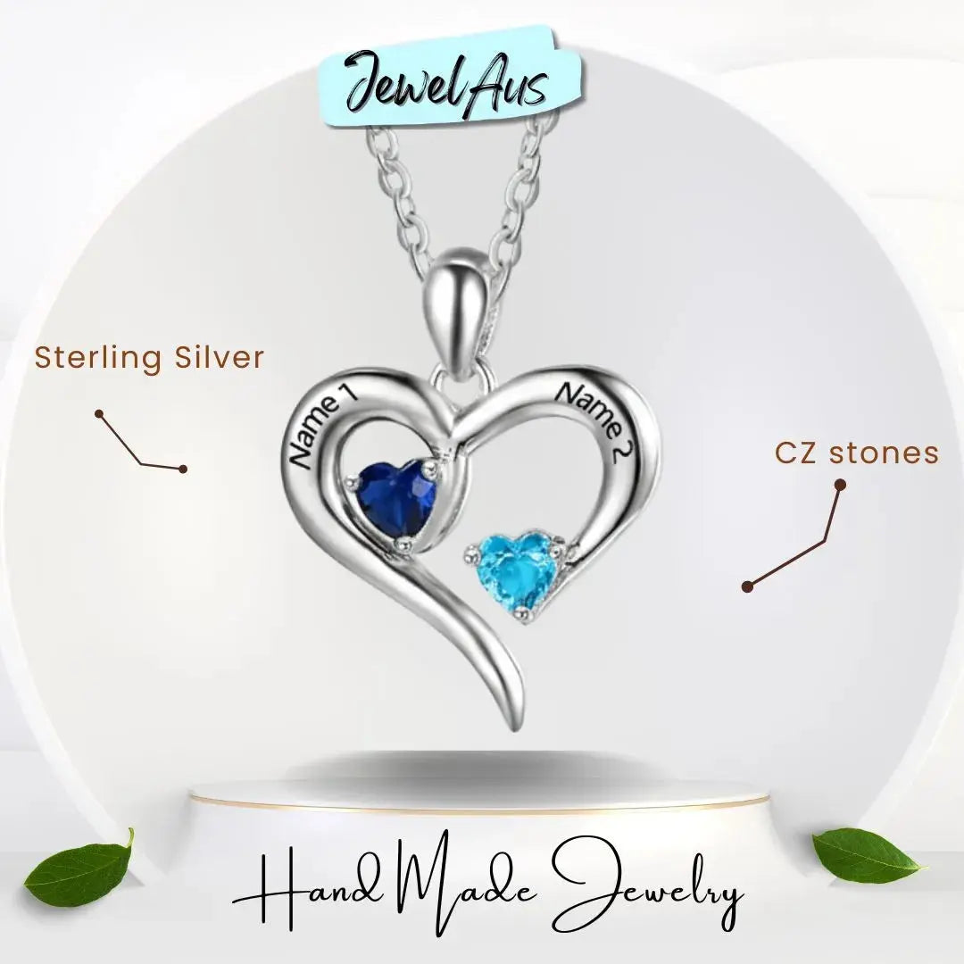 Silver Two Birthstones Heart Necklace jewelaus