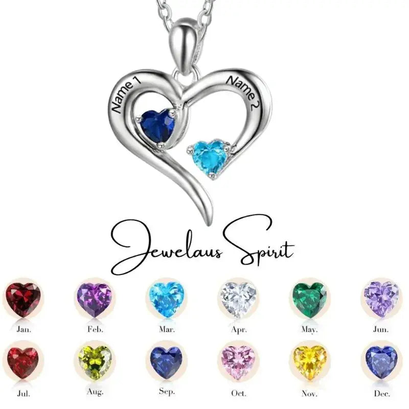 Silver Two Birthstones Heart Necklace jewelaus
