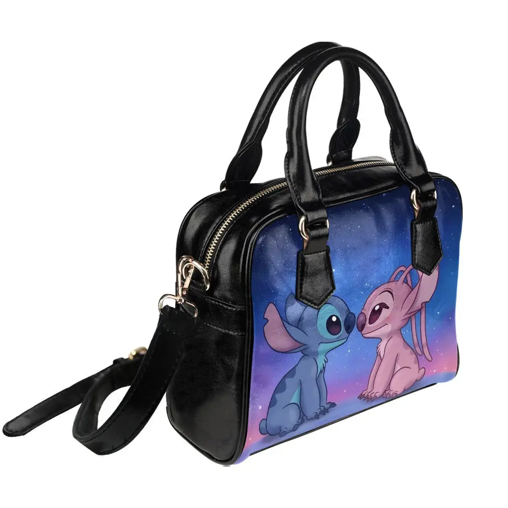 Handbag with cartoon characters on a gradient background