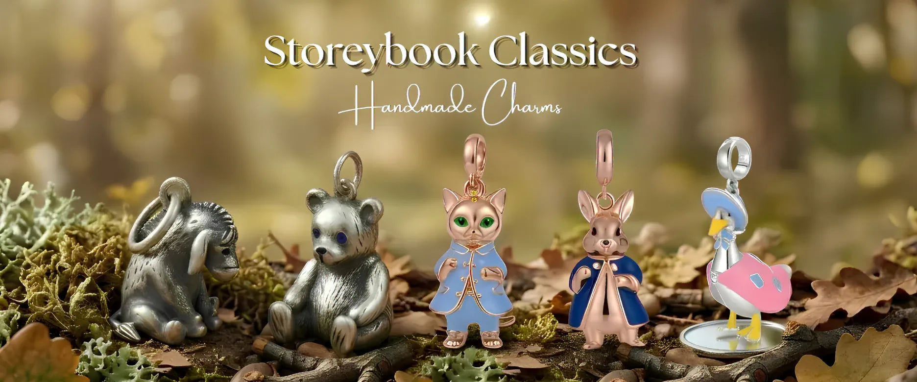 Collection of handmade animal charms with 'Storeybook Classics' branding on a natural background.