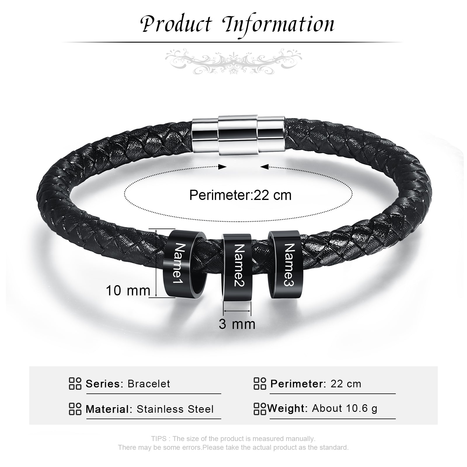 Stainless Steel Black Bead Leather Bracelet