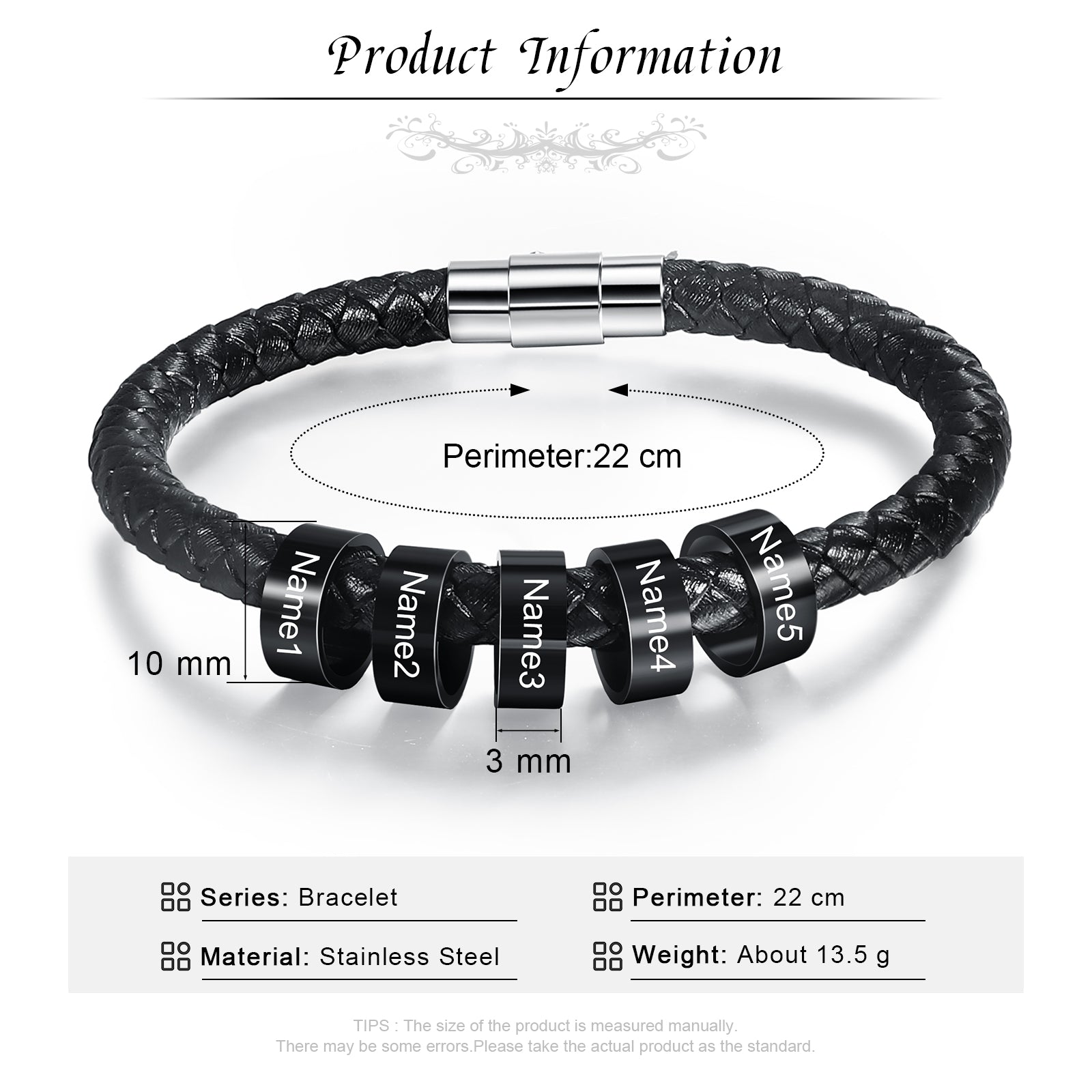 Stainless Steel Black Bead Leather Bracelet