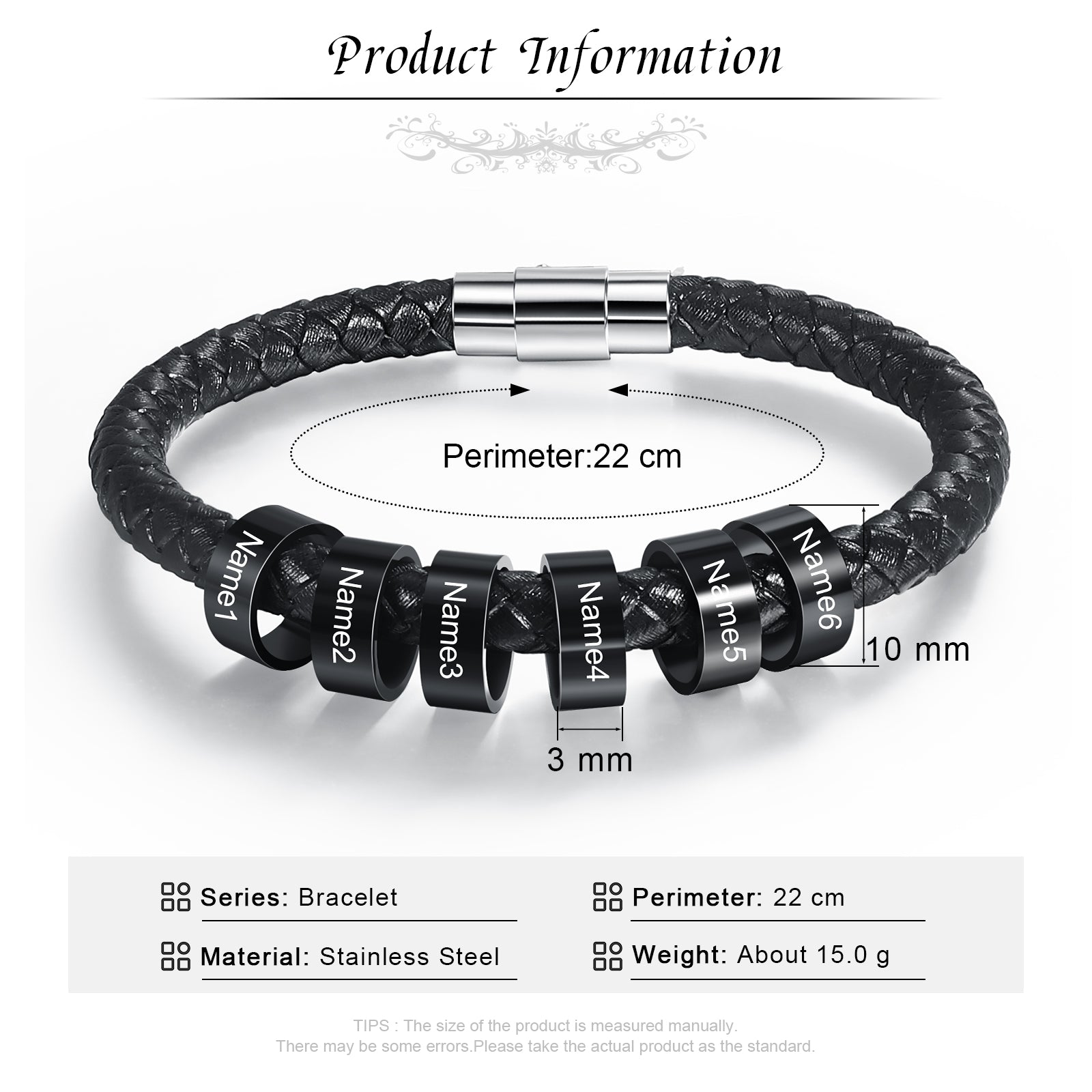 Stainless Steel Black Bead Leather Bracelet