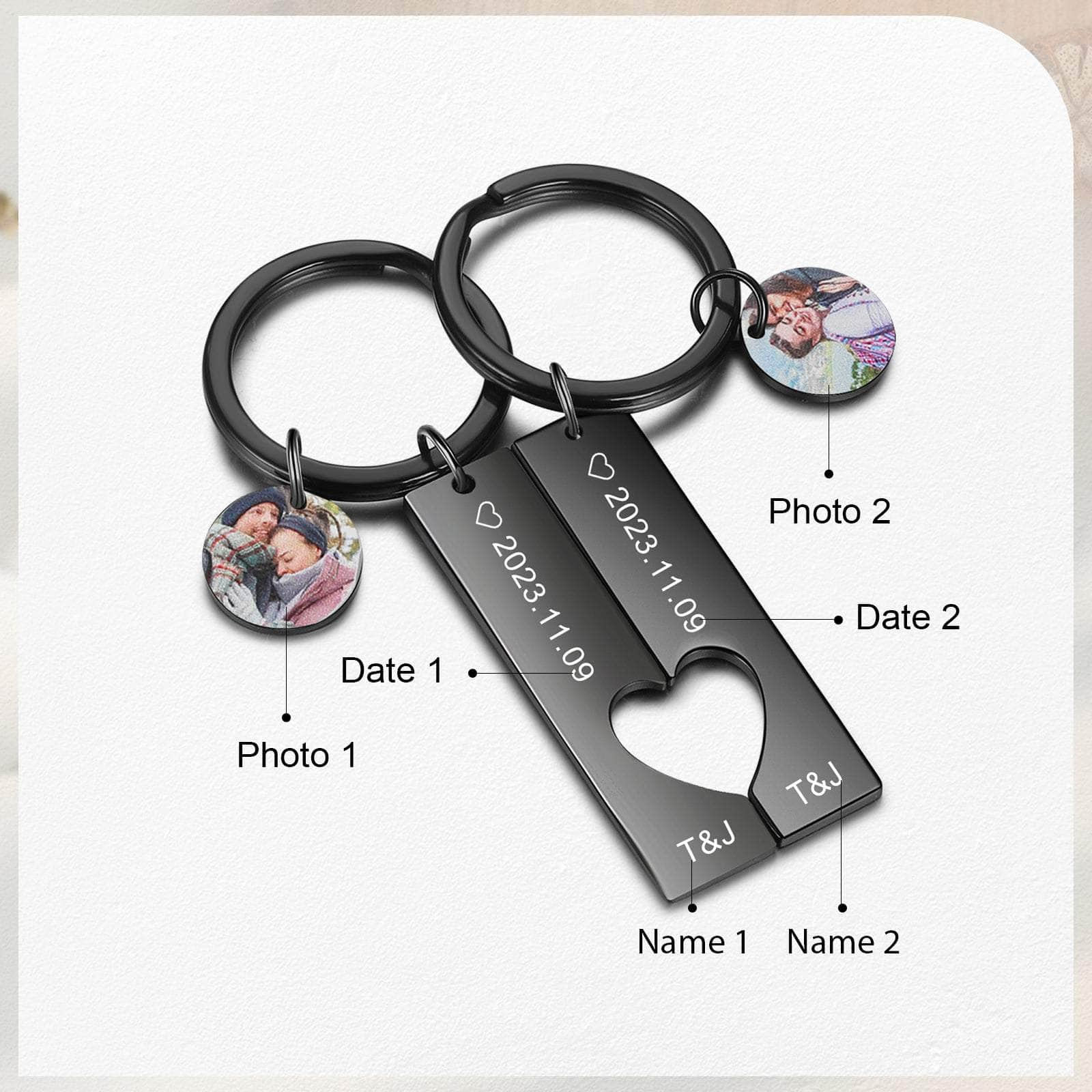 cmoffer Black Custom Photo Stainless Steel Couple Keychain