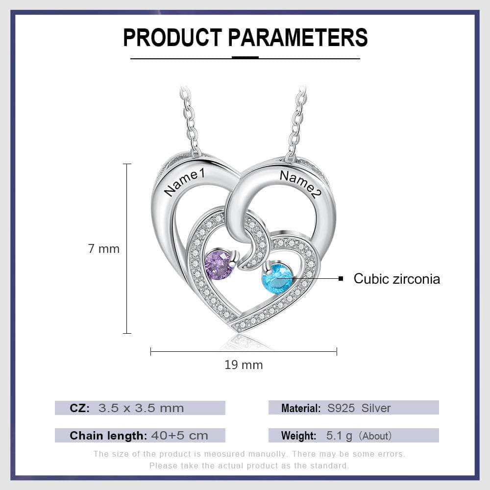 cmoffer Fashion Necklace 925 Sterling Silver Engraved Names Double Hearts Necklace with Cubic Zircon