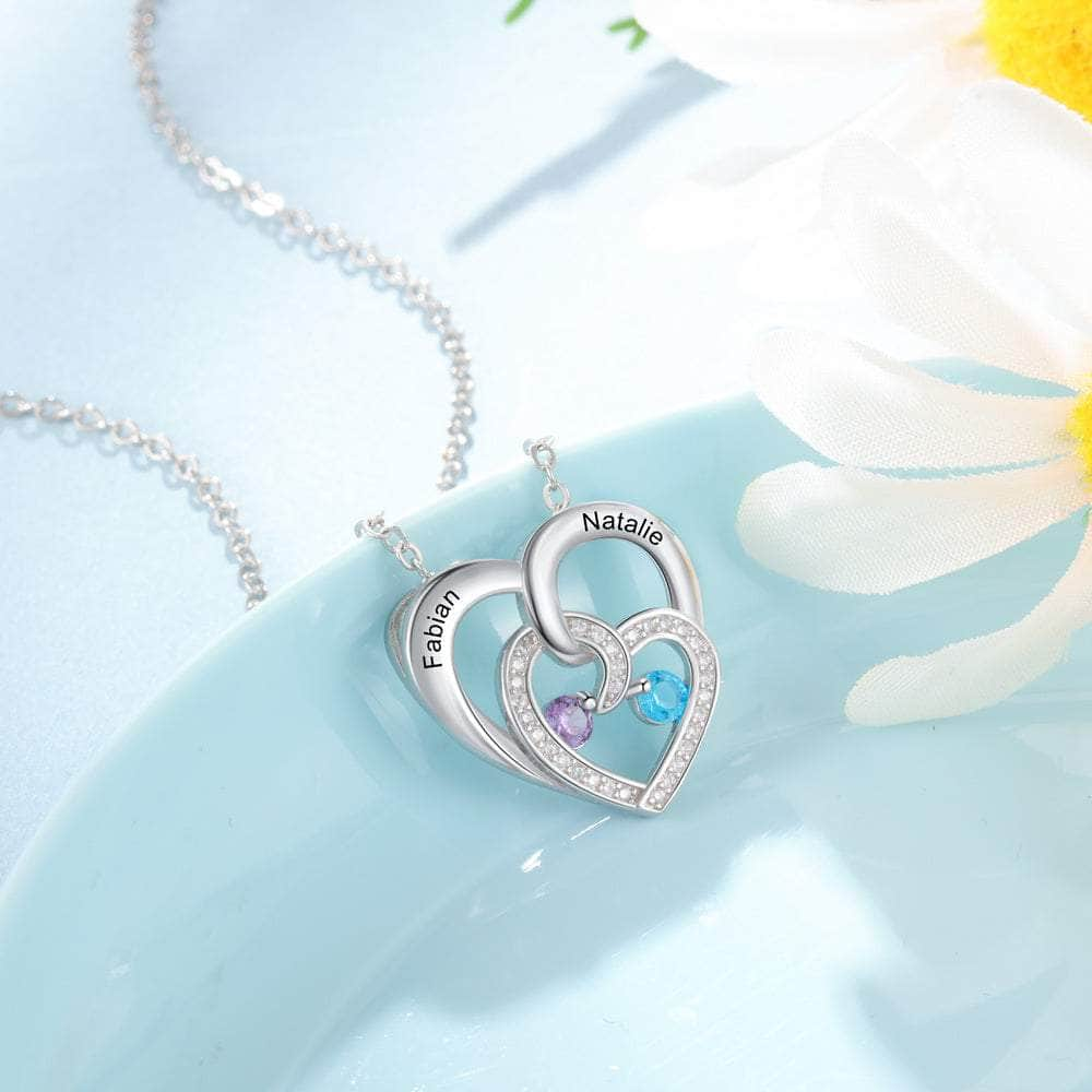 cmoffer Fashion Necklace 925 Sterling Silver Engraved Names Double Hearts Necklace with Cubic Zircon