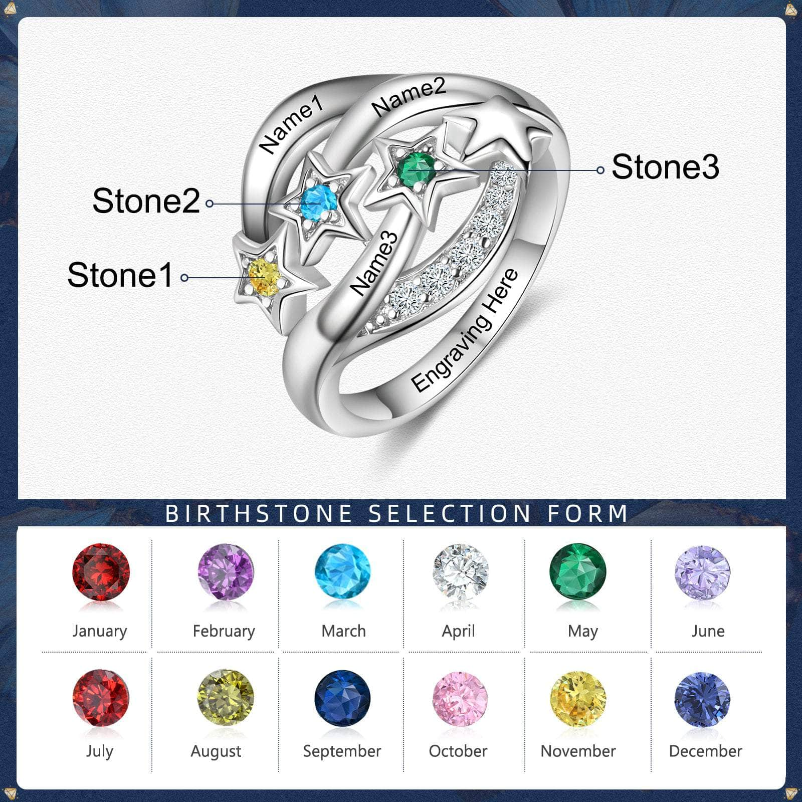 cmoffer Fashion Ring 6 / 3 S925 Silver Birthstone Star Ring