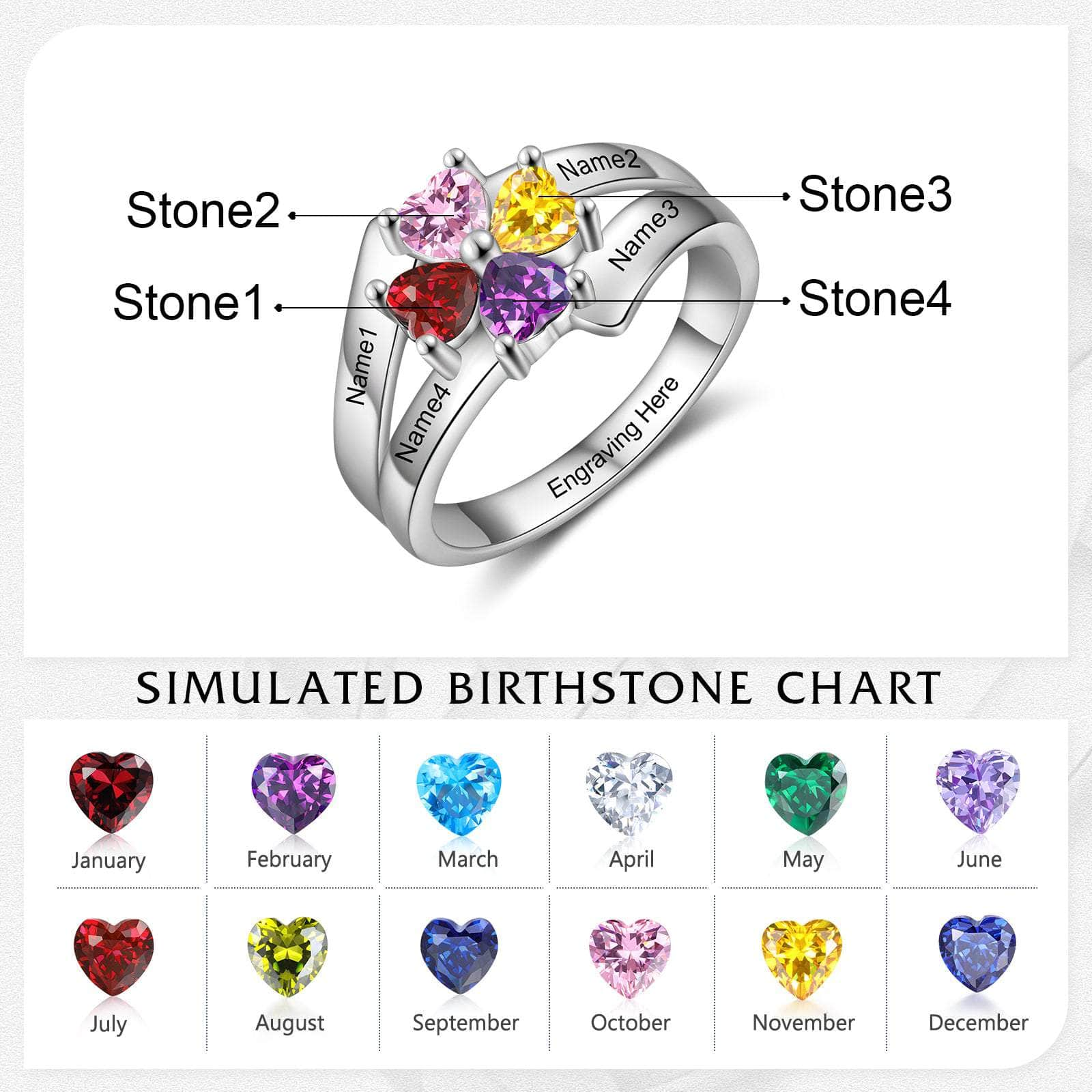 cmoffer Fashion Ring 6 / 4 Engraved S925 Silver Heart Birthtsone Ring