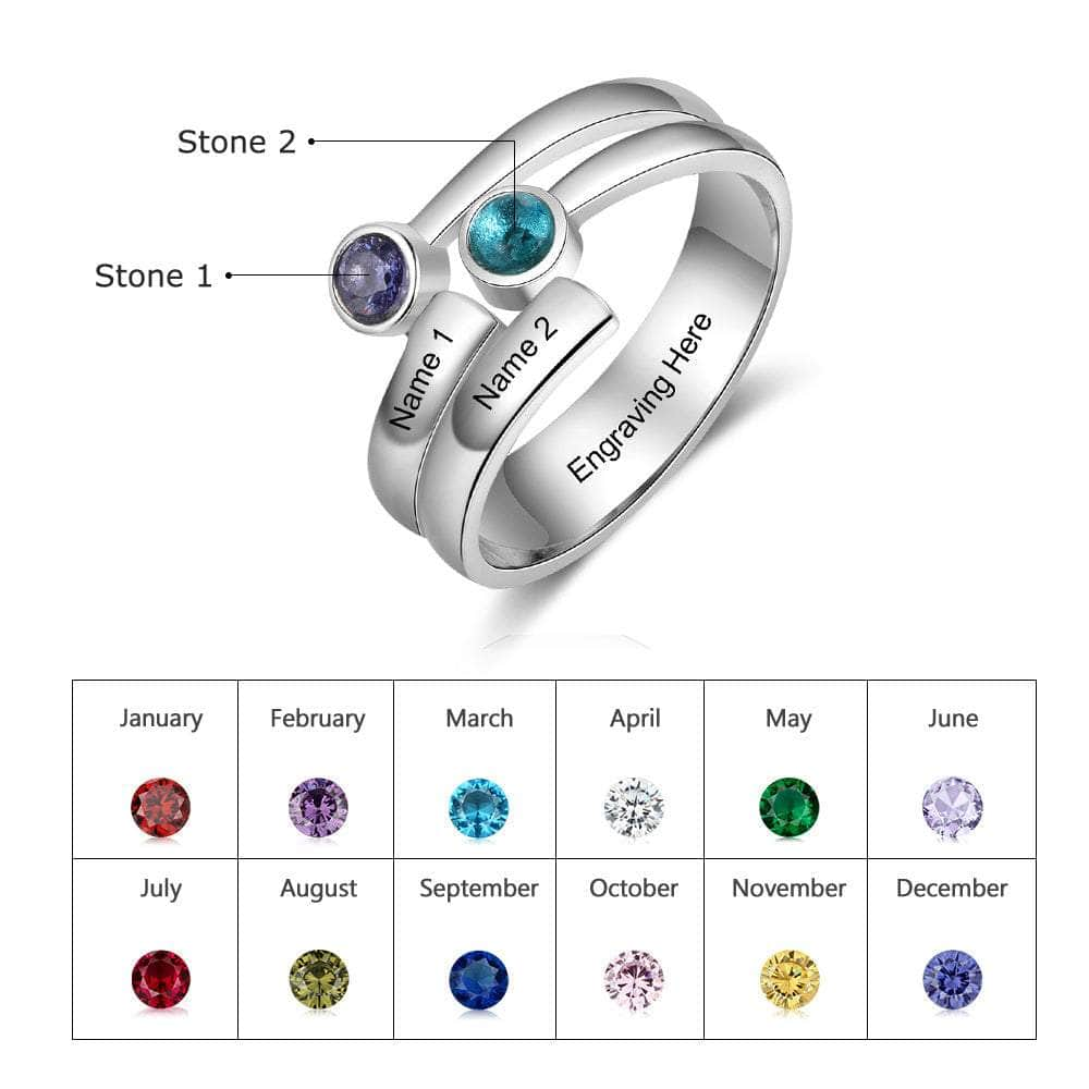 cmoffer Fashion Ring 6 Engraved Names Double Birthstones Rings