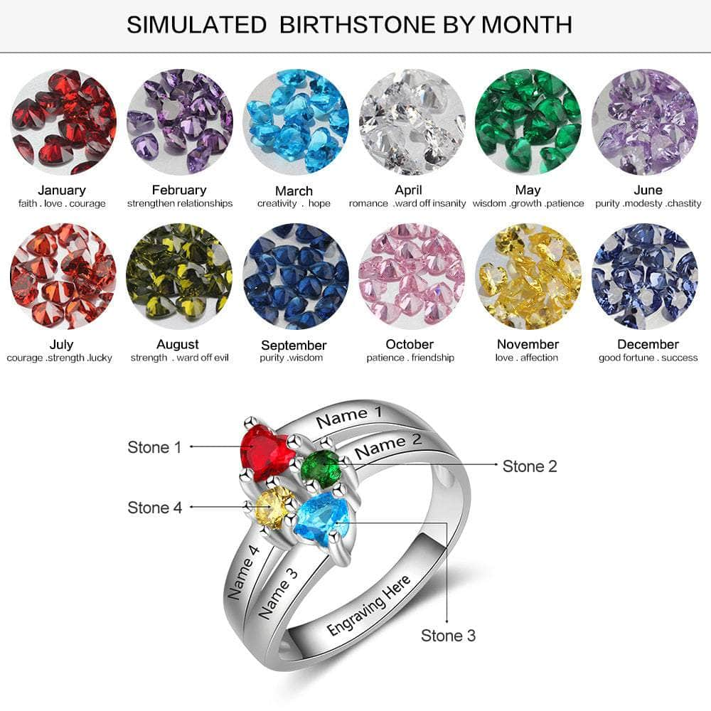 cmoffer Fashion Ring 6 / White Gold Plated 925 Silver Personalized Names Ring with Birthstones