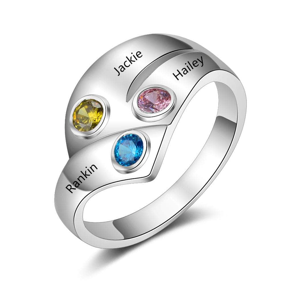 cmoffer Fashion Ring 925 Silver Three Birthstone Ring with Custom Names