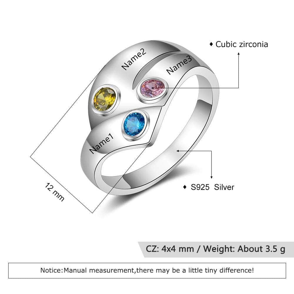 cmoffer Fashion Ring 925 Silver Three Birthstone Ring with Custom Names