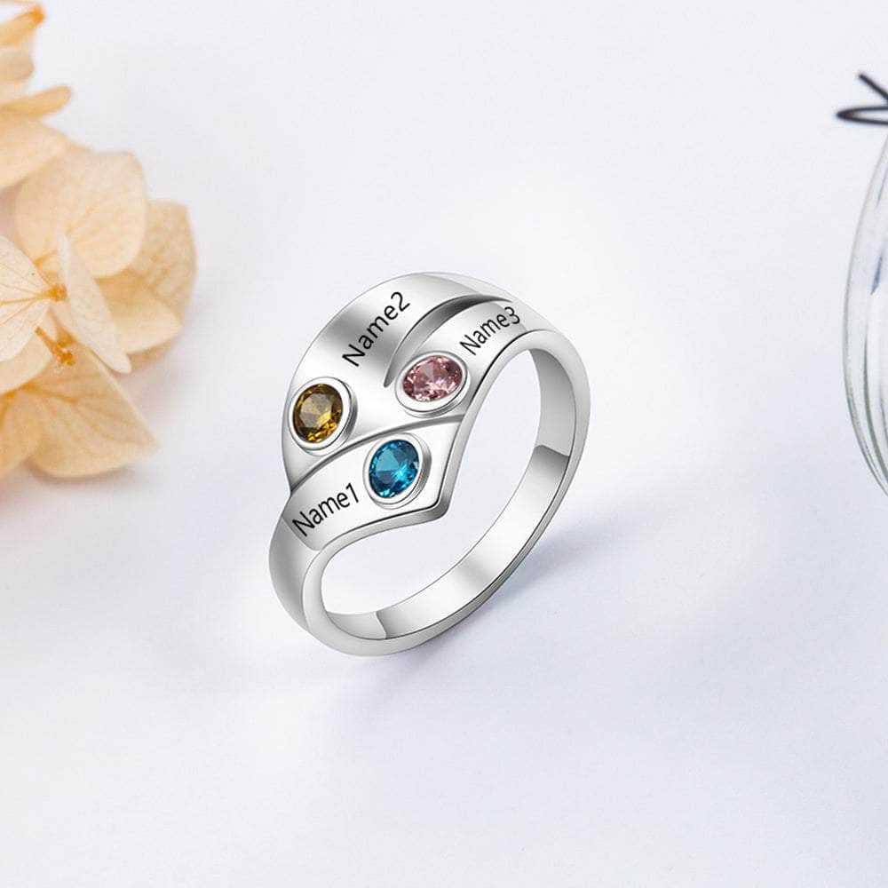 cmoffer Fashion Ring 925 Silver Three Birthstone Ring with Custom Names