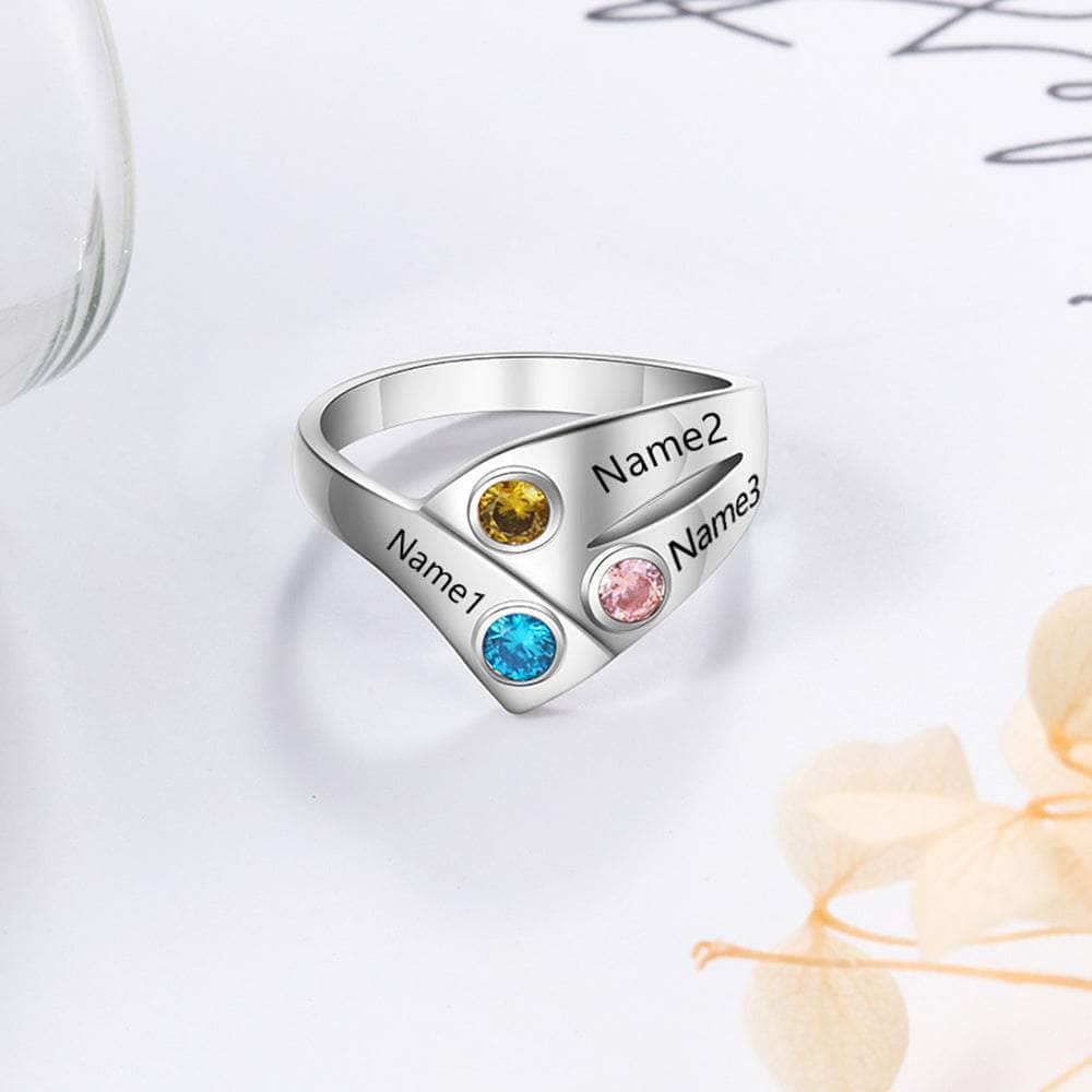 cmoffer Fashion Ring 925 Silver Three Birthstone Ring with Custom Names