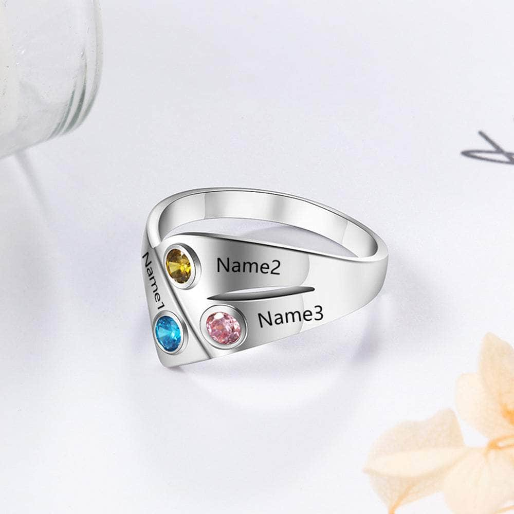 cmoffer Fashion Ring 925 Silver Three Birthstone Ring with Custom Names