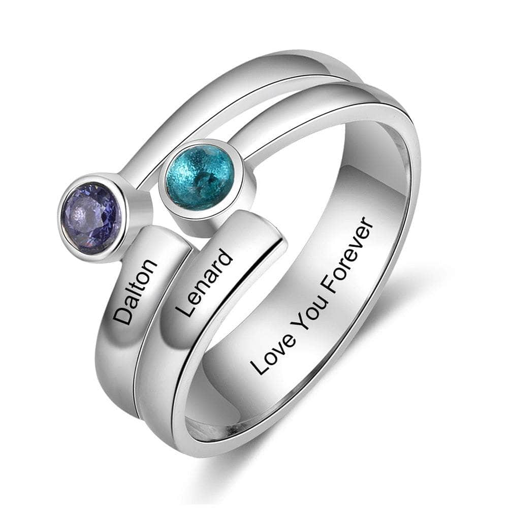 cmoffer Fashion Ring Engraved Names Double Birthstones Rings