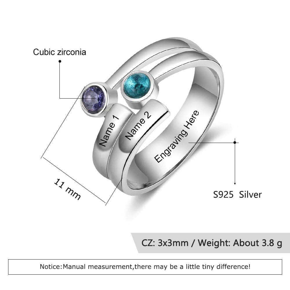 cmoffer Fashion Ring Engraved Names Double Birthstones Rings