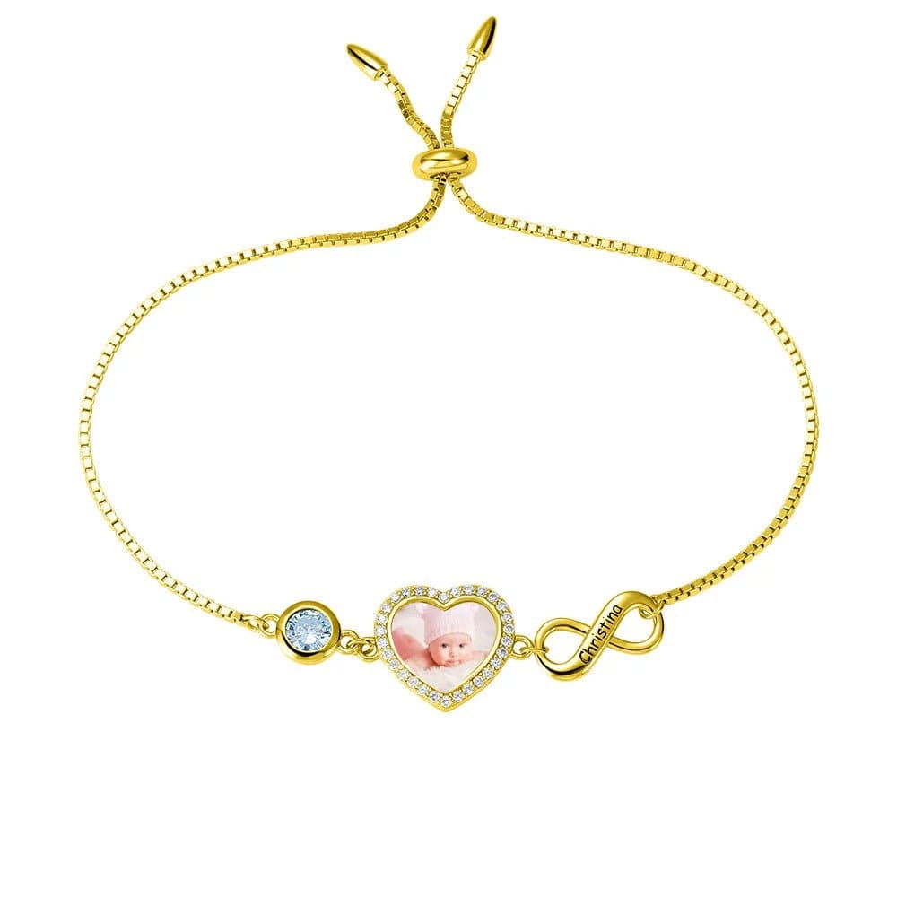 custom Bracelet Single Gold Heart Photo Bracelet with Birthstone