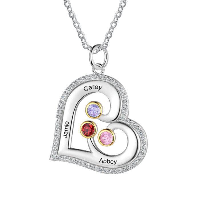 custom Necklace 3 Stone 3 Name Silver Birthstone Heart Shape Necklace NE109343