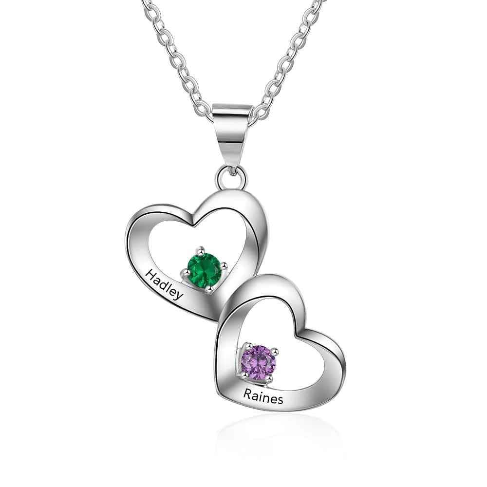 custom Necklace Double Drop Heart Birthstone & Engraved Necklace