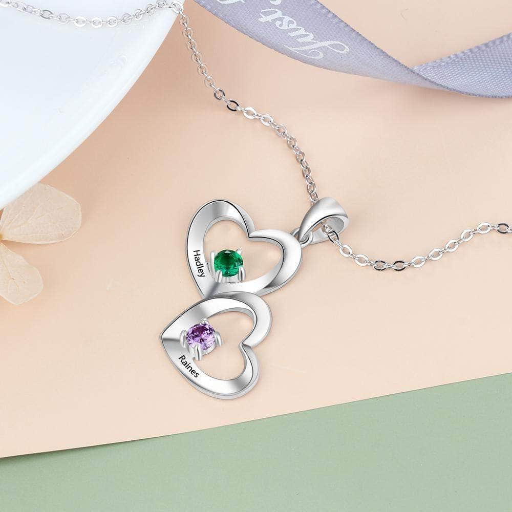 custom Necklace Double Drop Heart Birthstone & Engraved Necklace