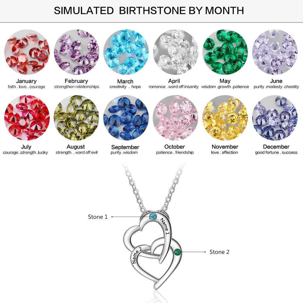 custom Necklace Double Heart Birthstone & Engraved Necklace
