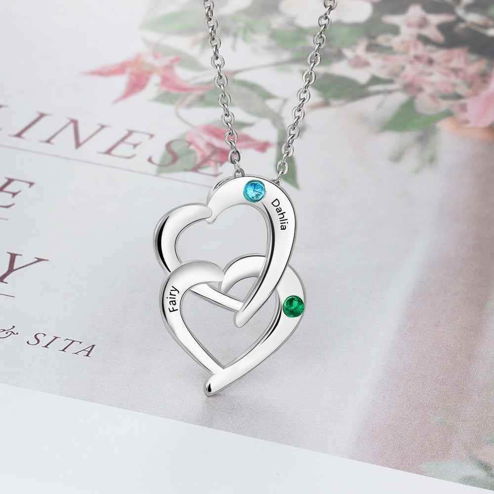 custom Necklace Double Heart Birthstone & Engraved Necklace