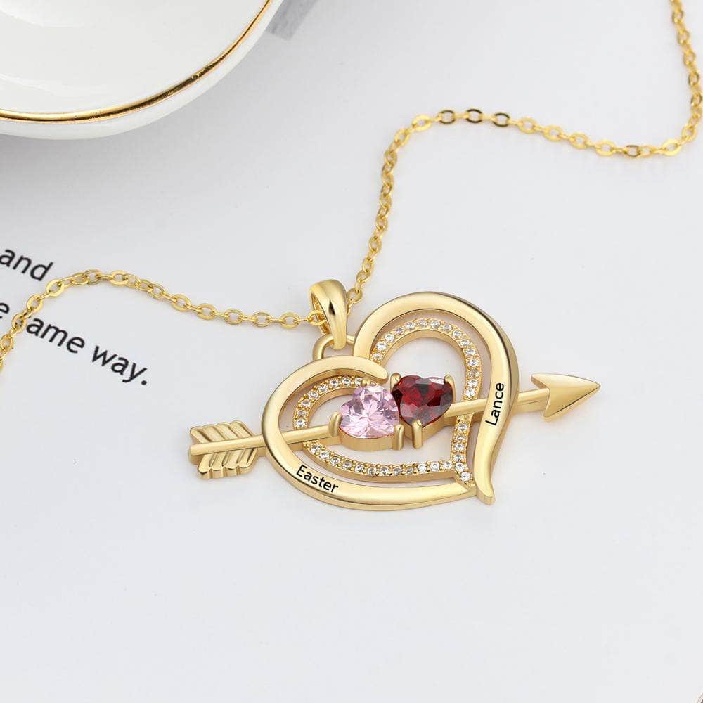 custom Necklace Gold Arrow Heart Birthstone & Engraved Necklace