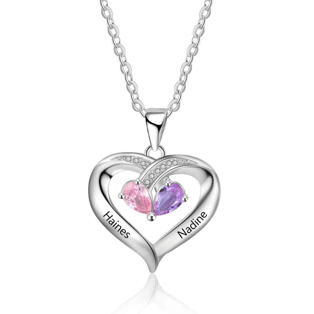 custom Necklace Heart 2 Birthstone & Engraved Necklaces