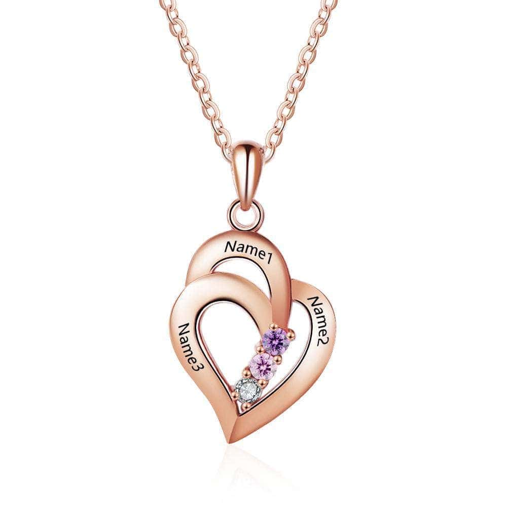 custom Necklace Rose Gold 3 Heart Birthstone & Engraved Necklace