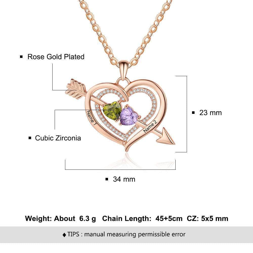 custom Necklace Rose Gold Arrow Heart Birthstone & Engraved Necklace