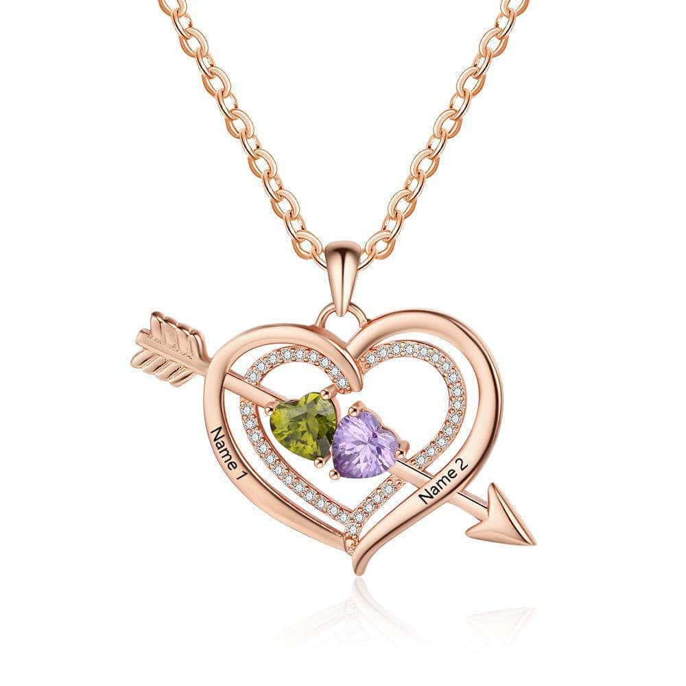 custom Necklace Rose Gold Arrow Heart Birthstone & Engraved Necklace