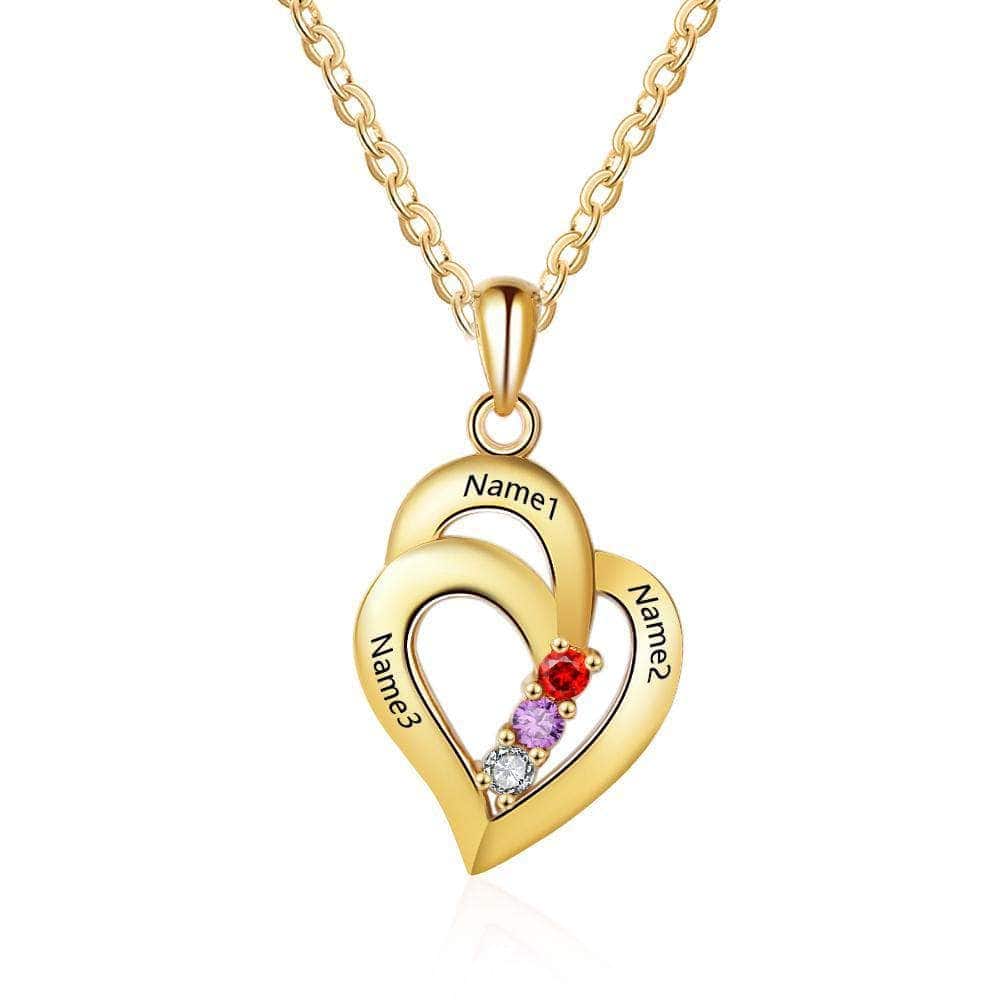 custom Necklace Yellow Gold 3 Heart Birthstone & Engraved Necklace
