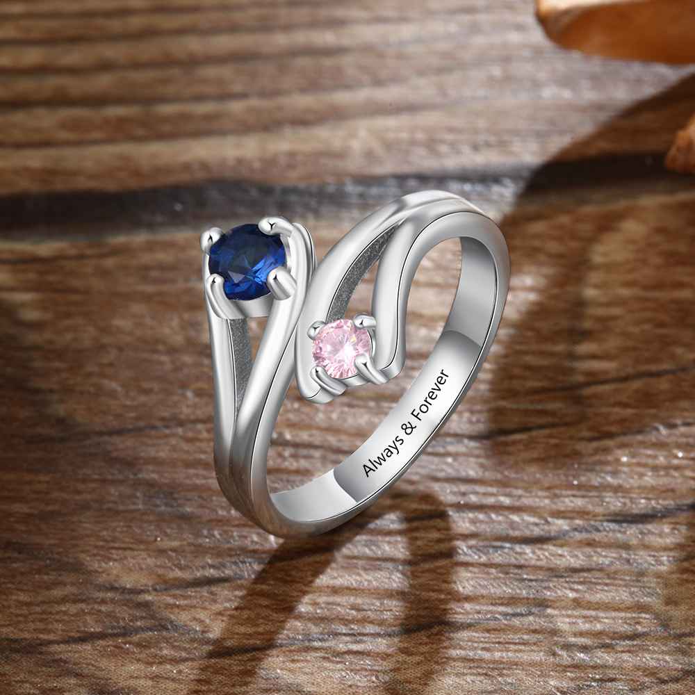 custom Rings 2 Stone Birthstone & Engraved Ring