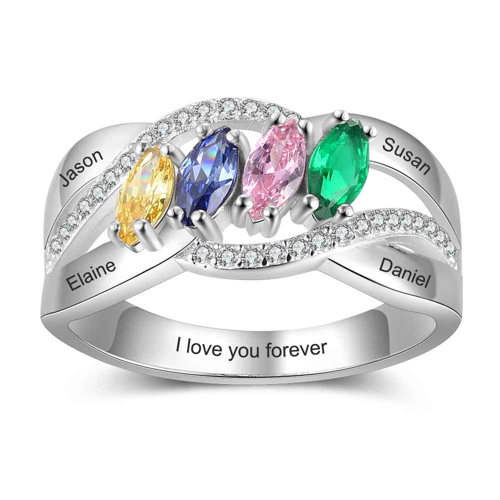 custom Rings 4 Stone Birthstone & Engraved Ring